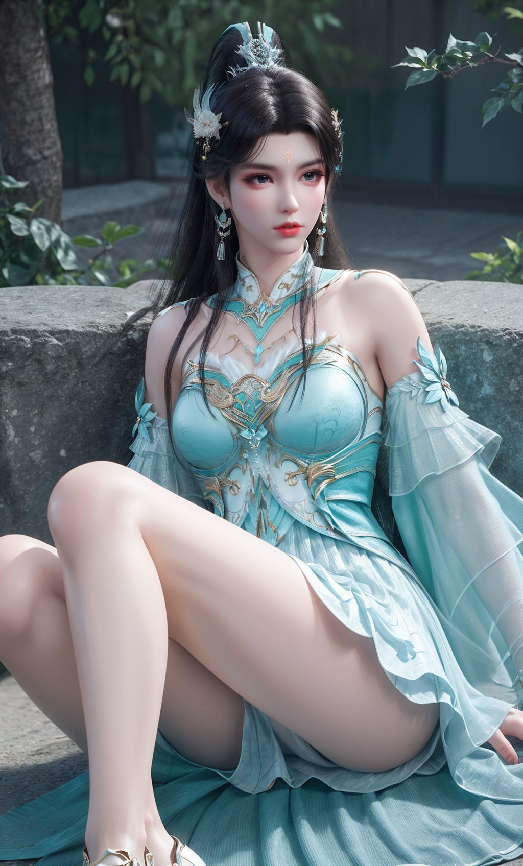 (Solid background:1.2),masterpiece,(best quality),official art,extremely detailed cg 8k wallpaper,(extremely delicate and beautiful),solo,realistic,photo_\(medium\),(Lying on the side, resting on elbow:1.2),spread legs,full body,ankle strap heels,(chinese clothing,(cyan skirt:1.1),cyan dress,earrings,jewelry, bare legs, detached sleeves,earrings,bare shoulders,solo,),adfxx0.75NOST4,1girl,solo,long hair,ponytail,hair bun,black hair,hair ornament,forehead mark,<lora:xuner_douzong-10:0.7:lbw=NOST20>,adfxx,