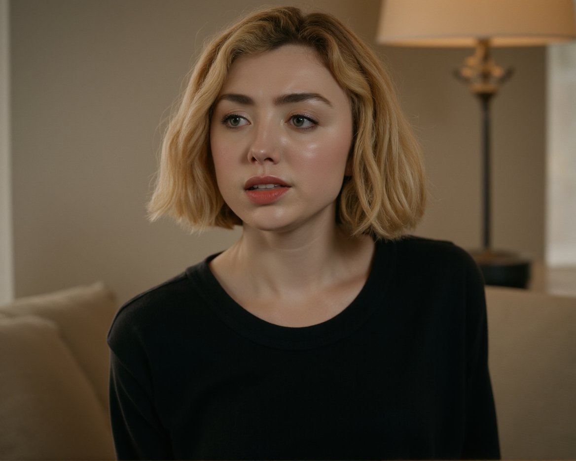 This is a high-resolution photograph of a young woman with a fair complexion and shoulder-length, wavy blonde hair that frames her face. She has striking blue eyes and a natural, light makeup look that enhances her features. Her expression is calm and slightly contemplative, with a subtle smile on her lips. She is wearing a simple, black, long-sleeved top made of a soft, textured fabric. Around her neck, she has a delicate silver necklace with a small, round pendant.The background of the image is softly blurred, suggesting that the photograph was taken indoors, possibly in a well-lit room. Behind her, there is a beige upholstered chair and a classic table lamp with a cream-colored shade, which adds a touch of warmth to the scene. The overall color palette of the image is neutral, with the focus on her natural beauty and the simplicity of her attire.The lighting is soft and natural, likely coming from a window on the left side of the image, which casts a gentle glow on her face and highlights her hair. The composition of the photograph is well-balanced, with the woman centered and the background softly out of focus, drawing attention to her serene and elegant appearance.,Peyton List,  <lora:Peyton_List_Flux_V1-000005:1>