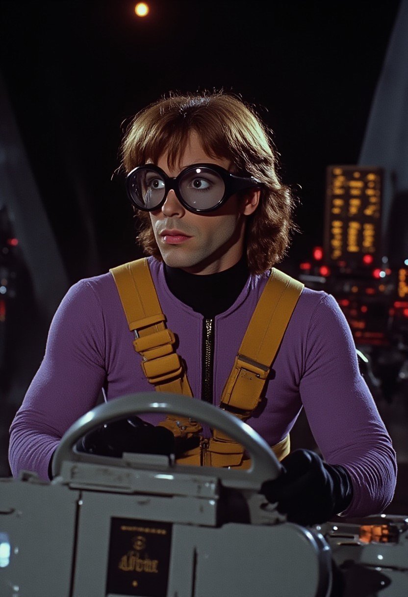 close-up portrait, in a high-tech spaceship cockpit. The character is a space pilot with a visor and a control panel, gripping the steering with a determined look. Nostalgic 80s look