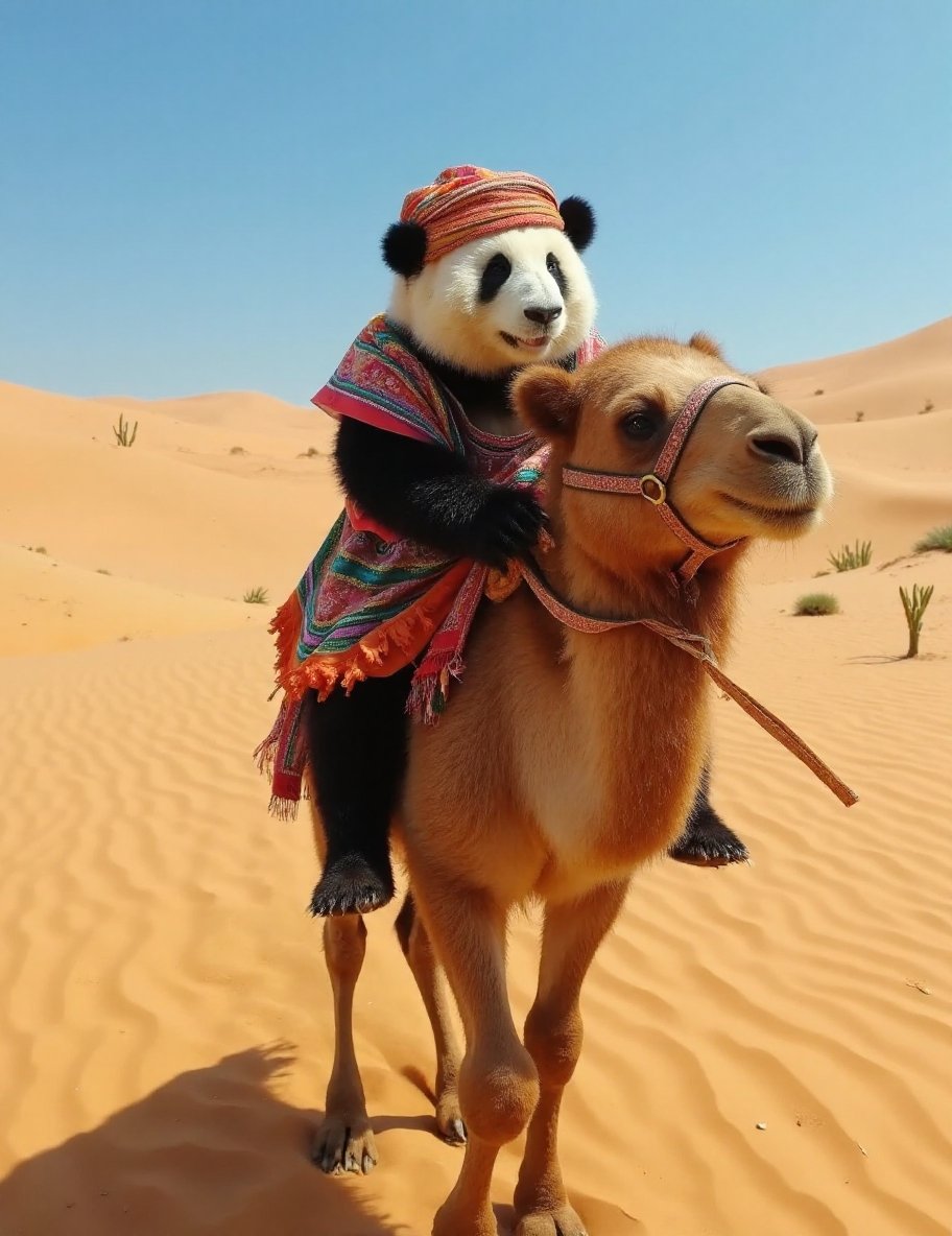 This high-resolution photograph captures a teen panda named Huahua, depicted riding a camel through a vast, sandy desert. Huahua has her distinctive black and white fur, and she is dressed in traditional desert attire, complete with a colorful headscarf and a flowing robe. The attire is detailed with intricate patterns and vibrant colors, creating a striking visual contrast against the golden sands.Huahua's round, chubby body is covered in thick, soft fur, with black patches around her ears, eyes, and legs. Her expression is one of curiosity and awe, with her eyes wide and a gentle smile on her face as she looks around at the desert landscape. She sits securely on the camel's back, holding onto the reins with her paws, showing a sense of adventure and excitement.The background features a vast expanse of rolling sand dunes under a clear, blue sky. The sun is high, casting bright light and sharp shadows, highlighting the textures of the sand and the details of Huahua’s attire and the camel’s fur. A few cacti and desert plants are scattered around, adding to the arid and exotic atmosphere.,huahua, <lora:huahua_panda_Flux_V1-000002:1>