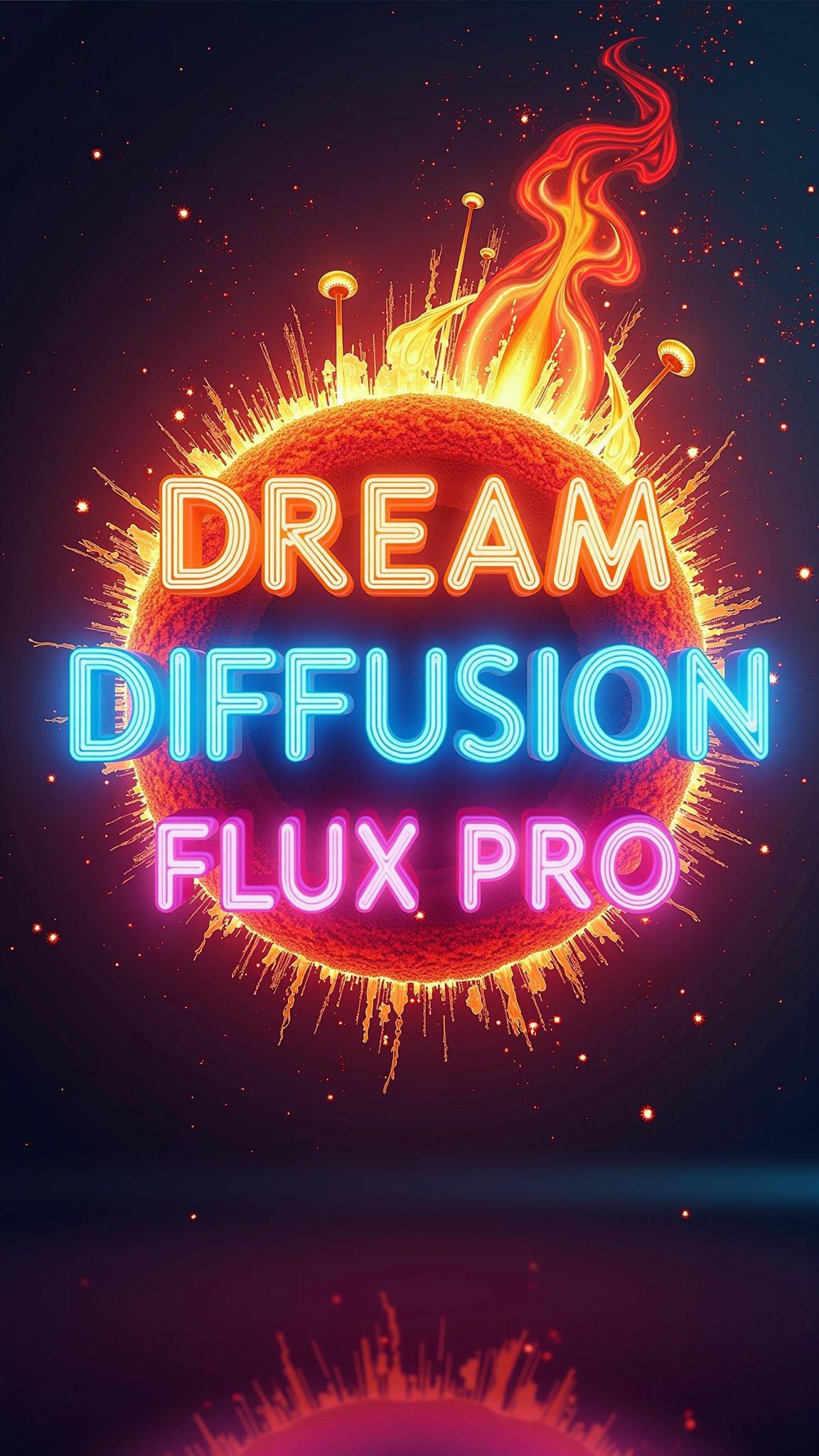 Logo in neon lights, 3D, colorful, modern, glossy, neon background,with a huge explosion of fire with epic effects, the text reads  "DREAM DIFFUSION  FLUX PRO",