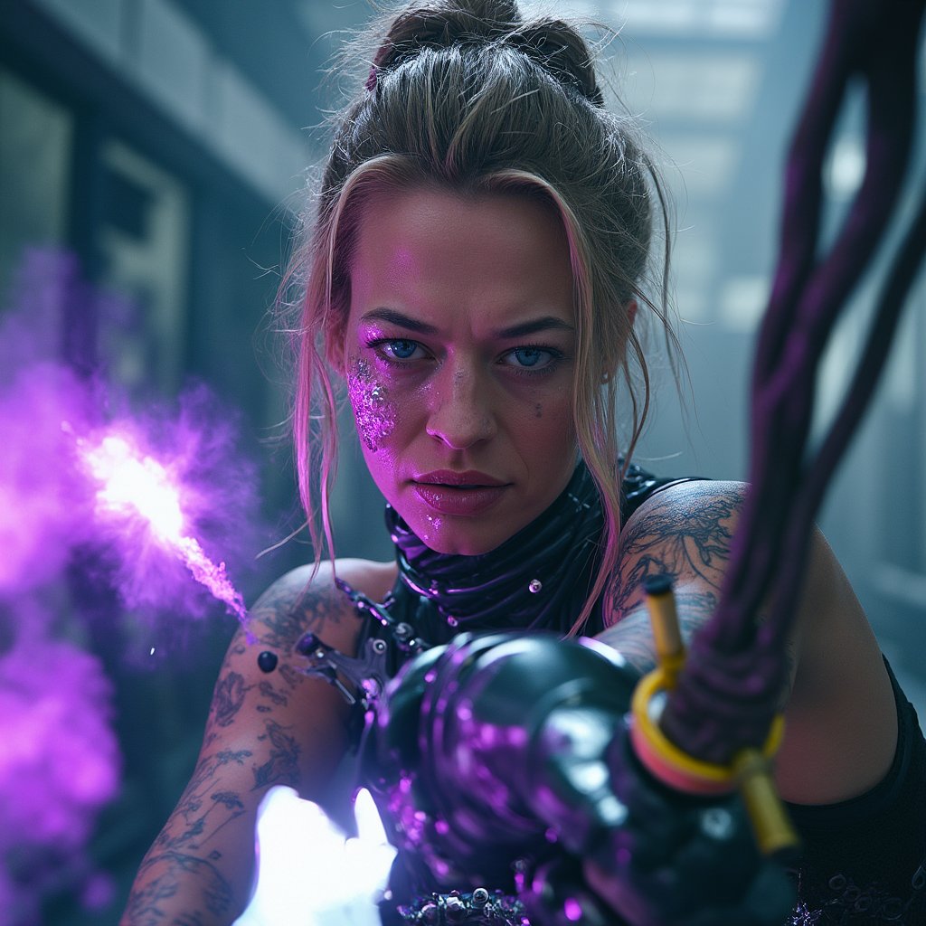 jrryn, cinematic, dramatic lighting, front facing view,  full body shot, a beautiful woman Interstellar bounty hunter with glowing purple tattoos and a holographic visor, Zero-gravity fight: space woman wielding a gravity sword and battling rival cyborgs in a abandoned space station ultra detailed, ultra realistic, ultra detailed colors, 8k, real photography <lora:jeri-ryan:1.2>