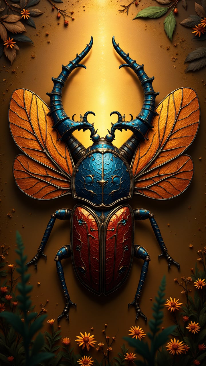 Anime, a masterpiece of the ancient Egyptian art, "Elephant Beetle" is displayed on a large canvas. The intricate details of the feathers and leaves are brought to life in stunning detail, Warm lighting, aidmasoftglow