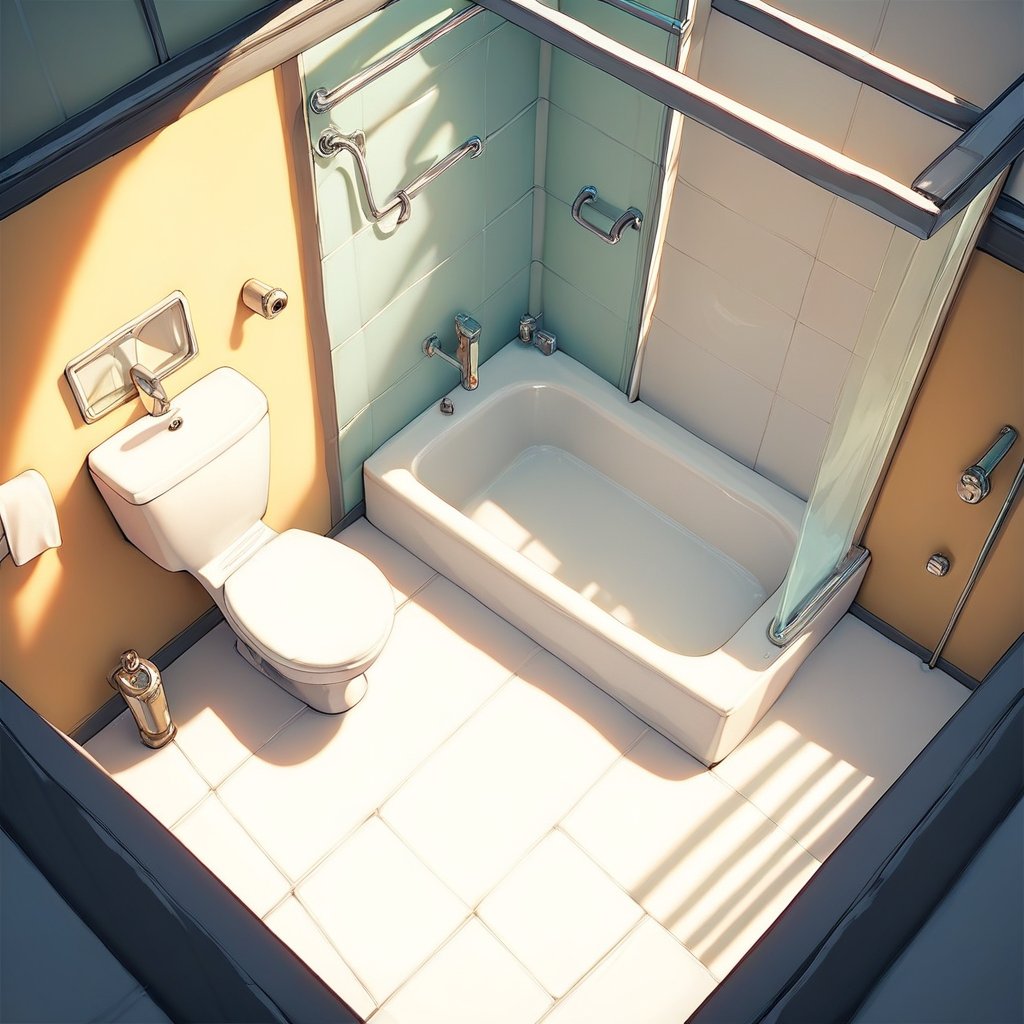 score_9, score_8_up, score_7_up, source_anime, rating_safe, Candibath, bathroom focus, from above, negative space