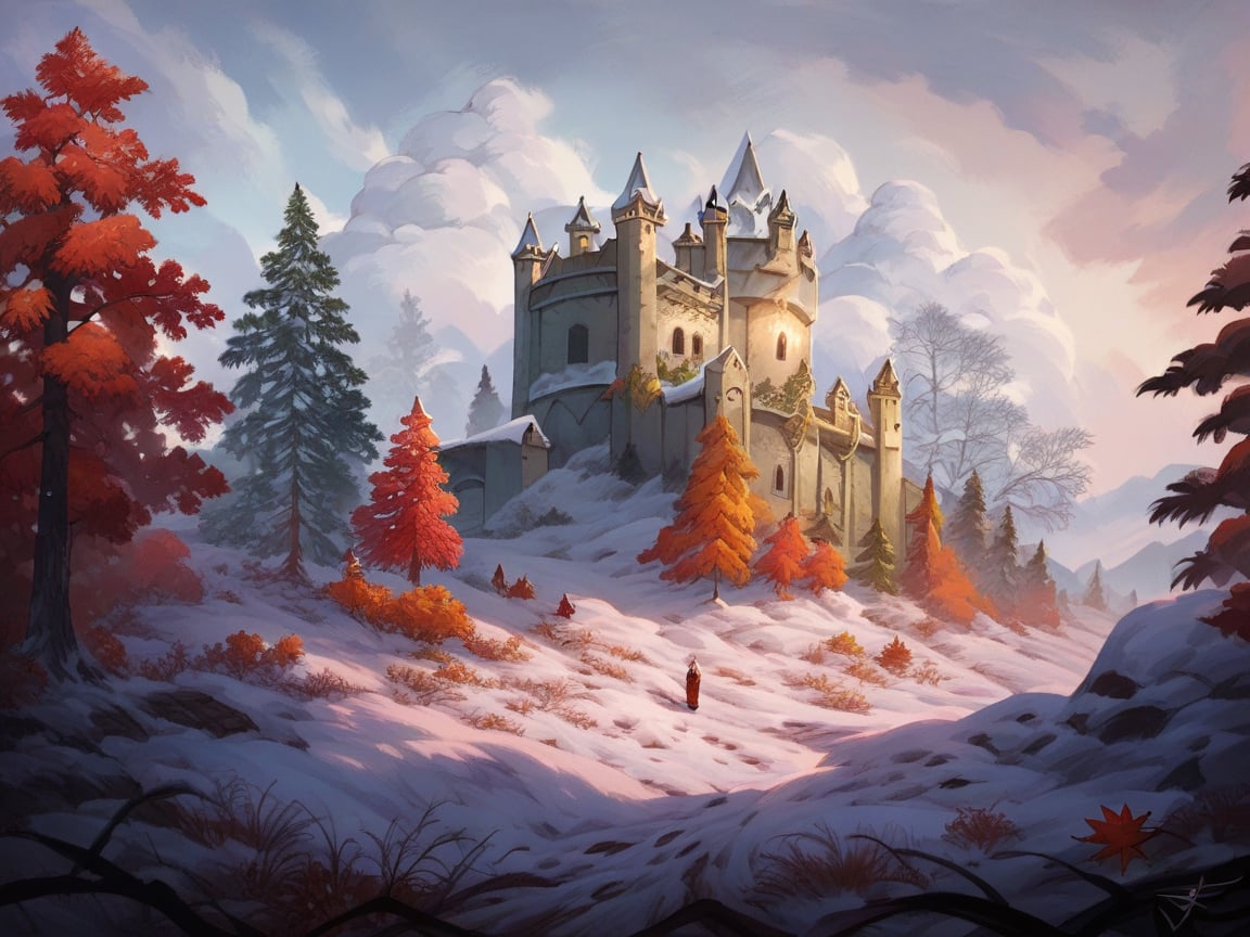 score_9, score_8_up, score_7_up, score_6_up, score_5_up,  <lora:Sul31m4n0vXLP:1> sul31m4n0v, very wide shot, castle, cloud, old, snow, forest, pine tree, autumn leaves