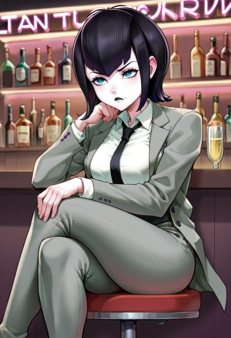 score_9, score_8_up, score_7_up  BREAK mavis, 1girl, black hair, solo,blue eyes, short hair,pale skin, sitting,formal,grey suit, grey jacket, grey pants, black necktie,white collared shirt, bar, shelf, purple neon lights,night,contrapposto,pout,medium breasts,long necktie,crossed legs, purple lights,long sleeves,head rest,open jacket, closed mouth,hand on own knee, black lips,holding champagne flute,   <lora:MerulaMavisPony:1> 