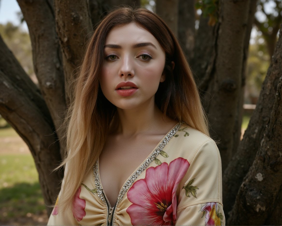 This is a high-resolution photograph of a young woman standing outdoors, likely in a natural setting such as a forest or park. The woman has long, straight, light brown hair that cascades over her shoulders. She has fair skin and a light complexion, with a natural, radiant glow. Her facial features are well-defined, with full lips painted in a vibrant pink lipstick, and she has expressive, slightly arched eyebrows. Her eyes are a striking blue, and she gazes directly at the camera with a neutral yet engaging expression.She is wearing a floral-patterned, light-colored blouse that features a deep V-neckline adorned with intricate, silver beadwork. The blouse has long sleeves with a gathered cuff and is made from a lightweight, flowy fabric that appears to be silk or a similar material. The floral pattern on the blouse consists of large, vibrant pink, red, and yellow flowers, adding a pop of color to the image.In the background, there is a large, rough-textured tree trunk with exposed, weathered bark, and branches with sparse, brown leaves. The foliage around the tree is a mix of green and brown, indicating it might be late fall or early spring. The overall mood of the photograph is serene and natural,,Peyton List,  <lora:Peyton_List_Flux_V1-000005:1>