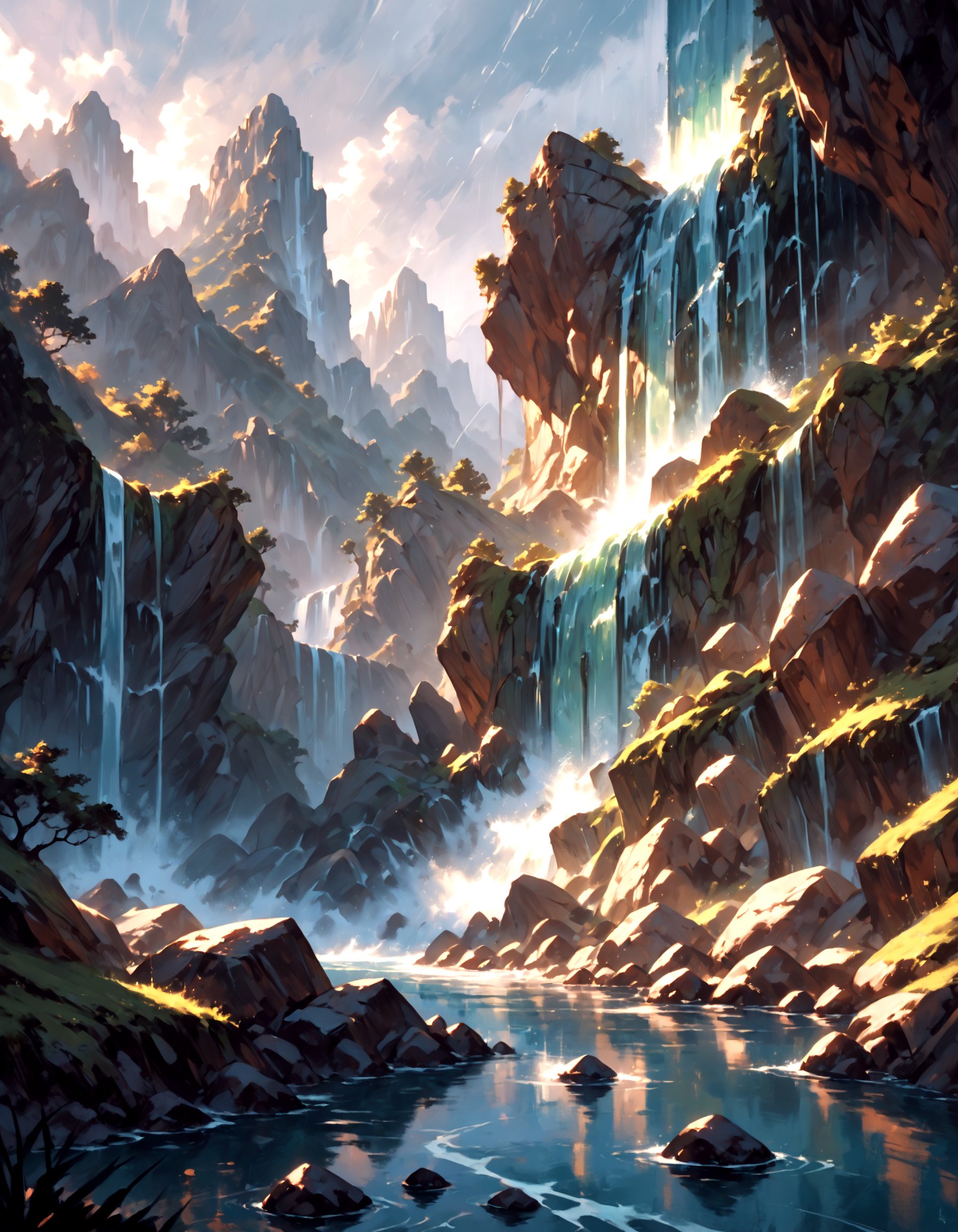 score_9, score_8_up, score_7_up, score_6_up, MTGr3b3cc4 style, painting,  water, no humans, rock, waterfall, rushing water, jagged rocks, outdoors,