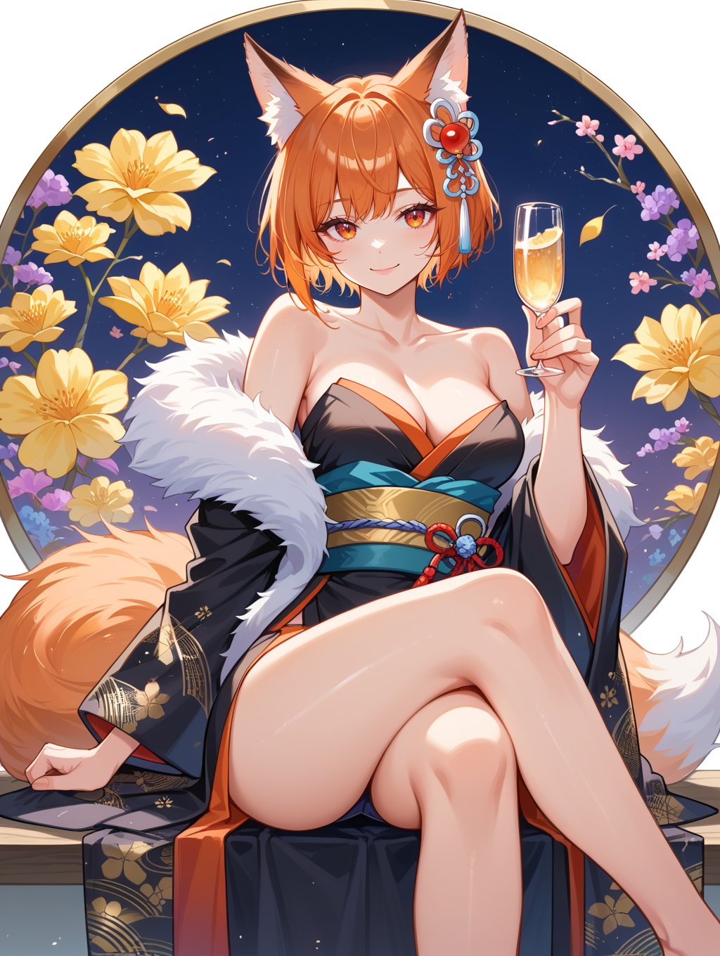 score_9, score_8_up, score_7_up, source_anime, 1 girl, fox girl, fluffy tail, orange hair, short hair, beautiful hair ornament, black kimono, golden print, sitting, holding glass, mamosa glass, cowboyshot, fur trimmed coat, off shoulder, medium breasts, light smile, crossed legs, japanese traditional themed background