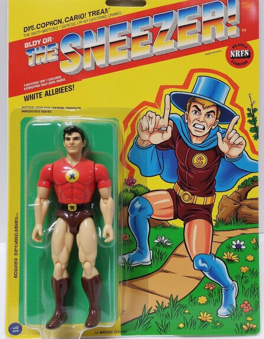 "The Sneezer" – A hero who can summon a powerful sneeze… but only when there’s no danger. His powers are completely uncontrollable, and he’s often seen wiping his nose rather than fighting crime. The figure is encased in its original packaging with a ral-afpacking logo at the lower-left. The background shows a pollen-filled park where The Sneezer is battling nothing but allergies.<lora:ral-afpacking-flux:1>