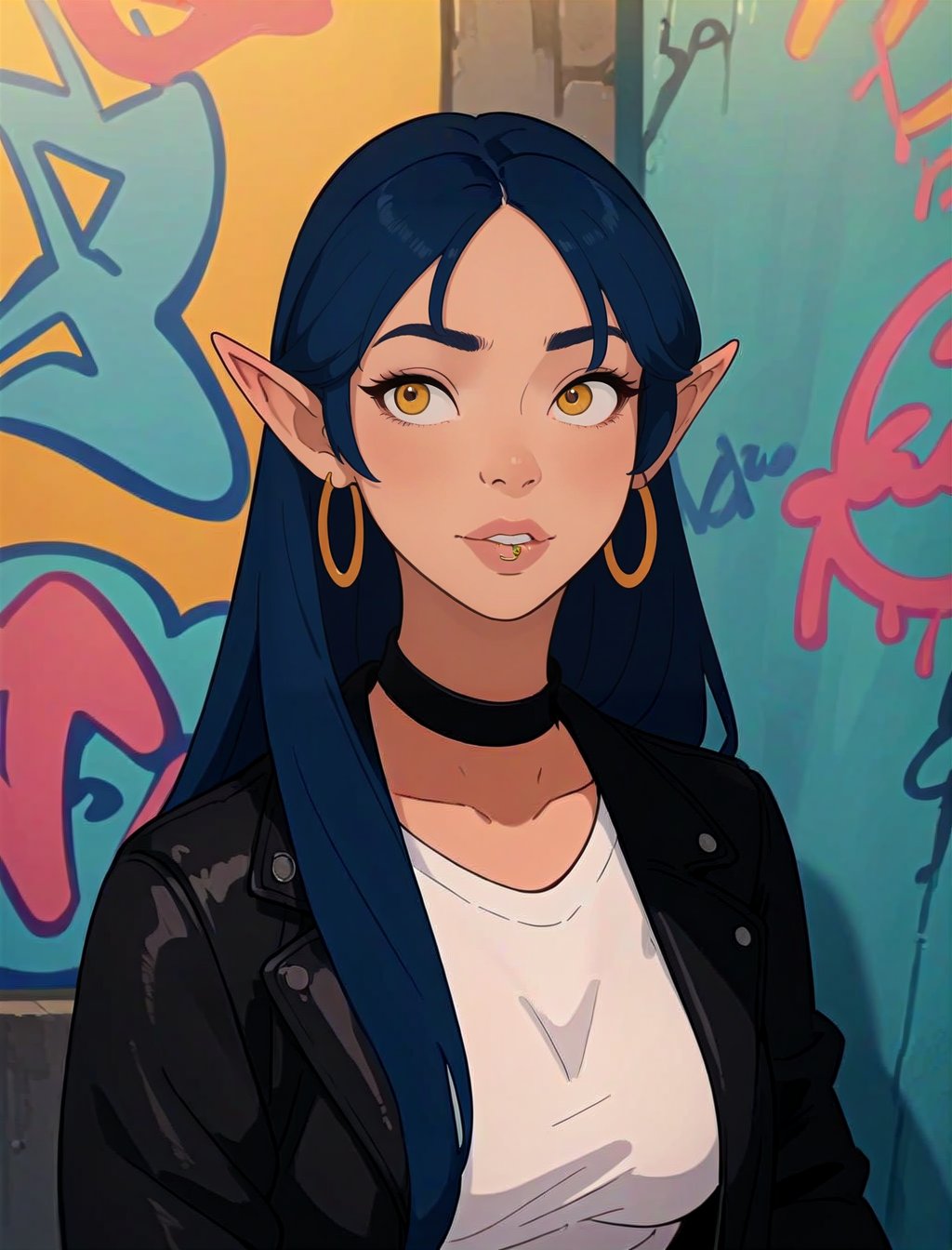 score_9,score_8_up, score_7_up, elf woman with blue hair, upper body, choker, black leather jacket, white t-shirt, hoop earrings, lip ring, long hair, yellow eyes, graffiti wall <lora:GemAnimePony:1>