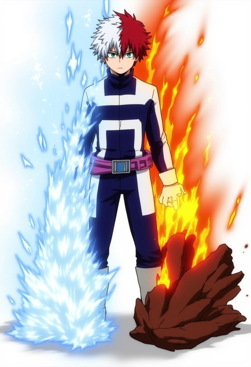 Shoto Todoroki, a tall boy with half-white, half-red hair, and heterochromatic eyesâone gray, one turquoise. He wears a blue and white hero suit with a utility belt. Ice forms on one side of his body while flames blaze on the other. His calm expression hides the intensity of his Quirk as the ground around him is divided between ice and scorched earth. boku_no_hero_academia_style