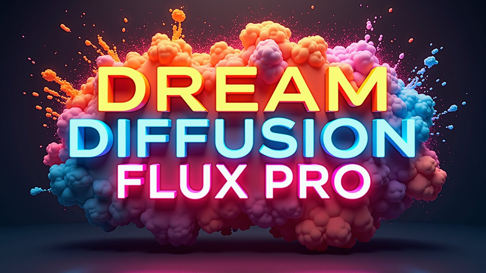 Logo in neon lights, 3D, colorful, modern, glossy, neon background,with a huge explosion of fire with epic effects, the text reads  "DREAM DIFFUSION  FLUX PRO",