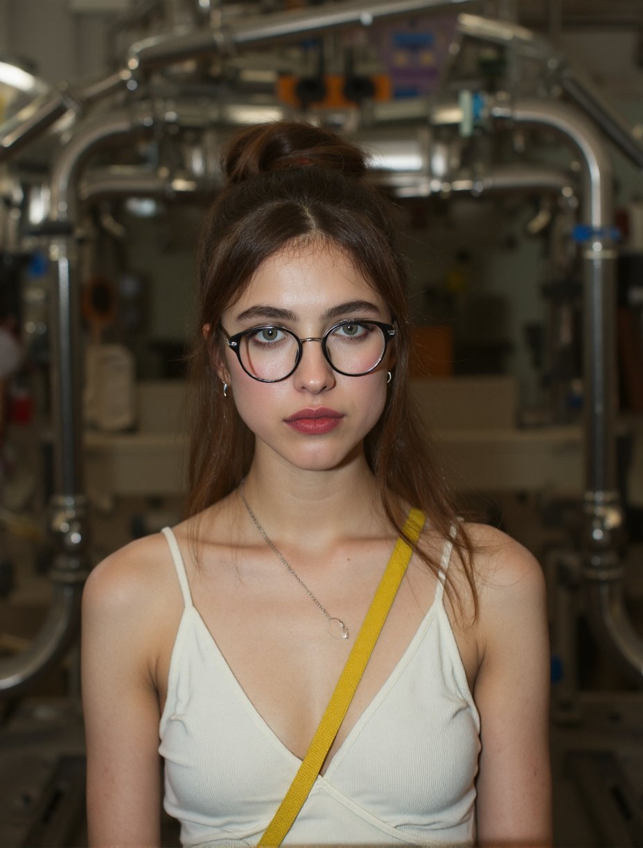 A young woman with pale skin and dark brown hair in a ponytail rocks glasses and a no-nonsense look. She's decked out in a white tank top with a yellow strap across her chest, and she's surrounded by a badass, industrial setting with massive machines and pipes everywhere. The background's all blurred, making her the main attraction.,Margaret Qualley,<lora:Margaret_Qualley_Flux_V1:1>