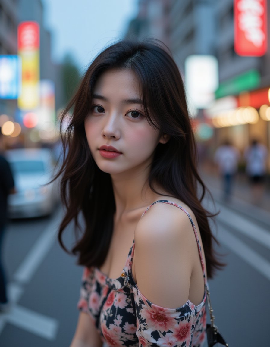 A young Asian female model with a beautiful face,exquisite facial features,sexy figure,smooth black hair,wearing summer casual wear,hollow eyes,and inner silence. The camera captures the model's interaction with the city on the street using a 35mm f/2.0 wide-angle lens,and captures the model's interaction on the street at night using a 35mm f/2 wide-angle lens,