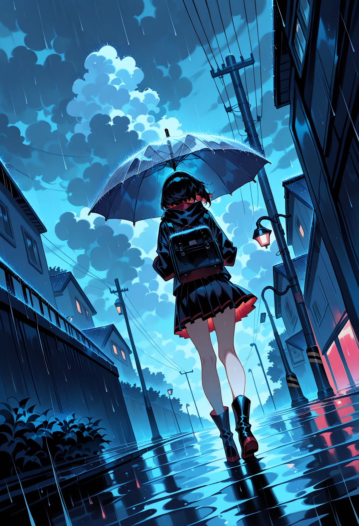 beast_quality,masterpiece, 1girl, umbrella, rain, solo, power lines, sky, outdoors, cloud, bag, utility pole, holding, scenery, skirt, cloudy sky, holding umbrella, black hair, short hair, lamppost, hood, dutch angle, boots, standing, from behind, pleated skirt, black footwear, long sleeves, hood down, night, school bag, black skirt