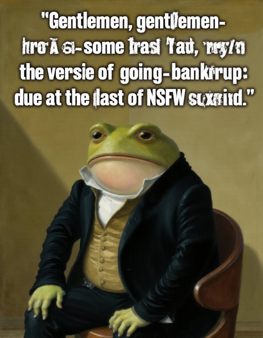 This image is a digitally created parody of a famous painting, The text at the top of the image reads, "This is a traditional painting of a frog wearing a tailcoat, sitting on a chair. Above the frog is the caption: 'Gentlemen, gentlemen, here's some bad news: I'm on the verge of going bankrupt due to the lack of NSFW content.'  The subject of the image is a cartoon-like frog, depicted in a seated position, wearing a black suit with a white shirt and a yellow waistcoat. The frog is positioned in the center of the image, with its legs crossed and hands resting on its knees. The background is a simple, muted brown, and the frog is set against a wooden chair with a curved back and arms. The frog's face is expressive, with large, round eyes and a wide, flat mouth, typical of a frog. The image conveys a sense of humor." in bold, white, uppercase letters. The overall style of the image is humorous and satirical, using the classic "Thinker" pose to make a joke about streaming content. The image is meant to be humorous and is not intended to be a serious or accurate representation of the original painting. Gentleman Frog<lora:Gentleman_Frog_Flux_V1-000001:1> <lora:aidmaTextImproverv0.3:1>