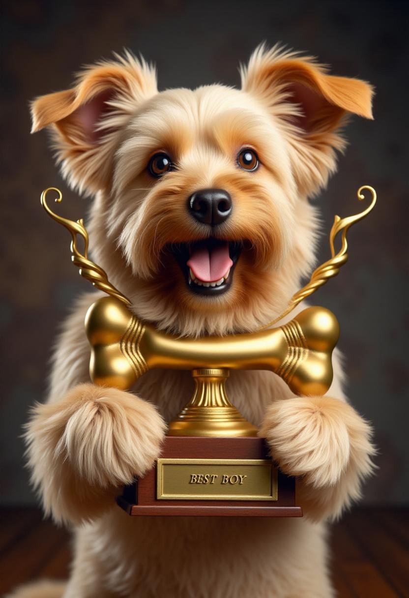 The image is a photograph featuring a dog holding a golden bone trophy with nameplate text engraved "BEST BOY". by kftiger...
