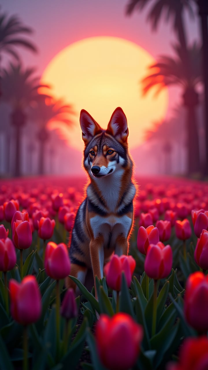 Cinematic still, surreal, Tropical Ludicrous Coyote, Tulip background, at Dawn, Provia, sublime, dynamic, dynamic cinematic perfect background, psychedelic, cinema, action, aidmaimageupgrader