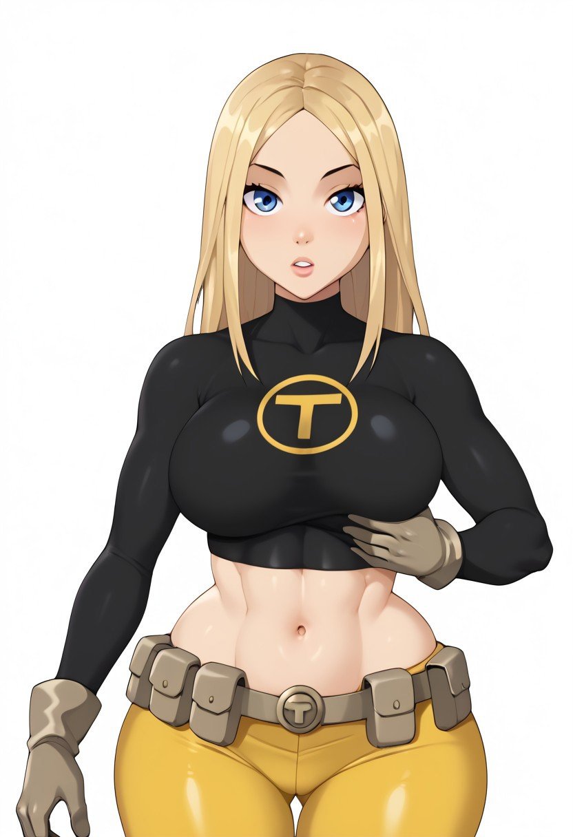 score_9, score_8_up, score_7_up, deep skin, shiny skin, (skindentation), (((highly detailed))), , high quality, highres, (curvy), ((((wide hips)))),, thick thighs, cute, , sexy, huge breasts, TerraTT, TerraSDXL, 1girl, blonde hair, long hair, blue eyes, forehead, parted bangs, black shirt, long sleeves, turtleneck, midriff, navel, yellow shorts, biker shorts, brown belt, brown gloves, skintight shirt, solo,