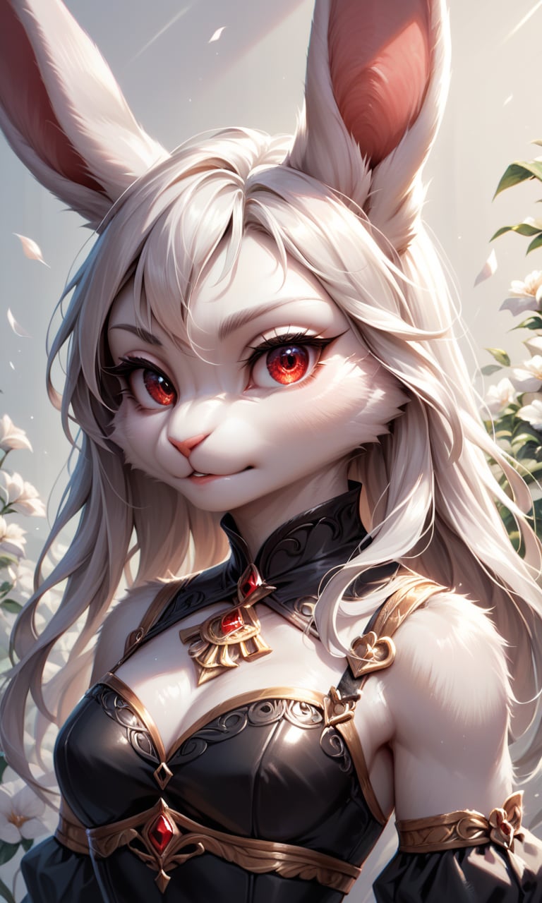 score_9, score_8_up, score_7_up, score_6_up, source_furry,BREAK,detailed face eyes and fur, 1girl, solo, rabbit girl, clothed, body fur, white rabbit, white fur, detailed fluffy fur, looking at viewer, red eyes, black dress, upper body