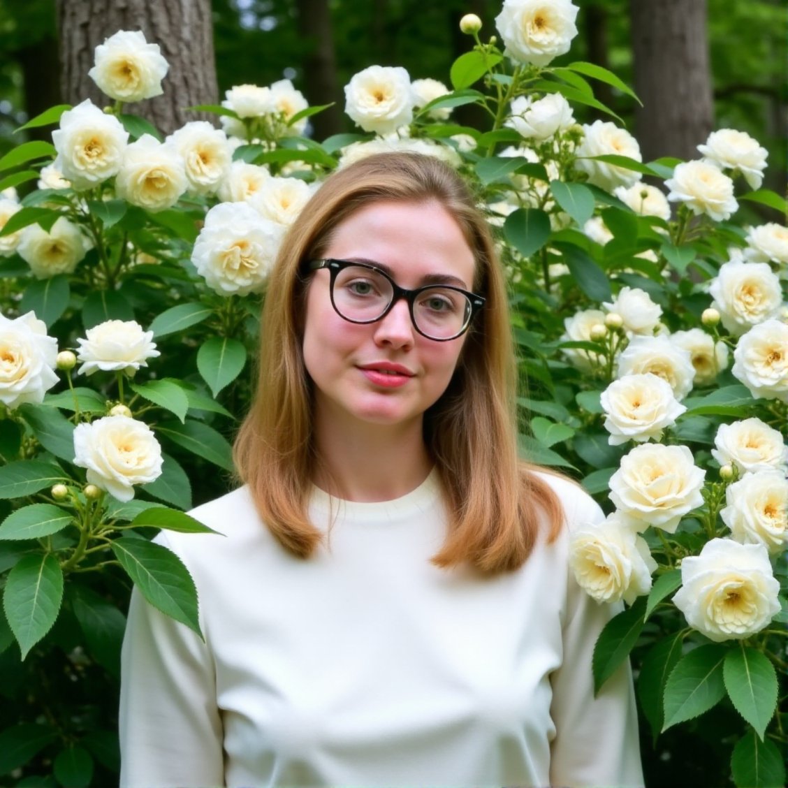 The image is a high-resolution photograph featuring a young woman with a fair complexion and straight, blonde hair that frames her face. Her hair is styled in a sleek bob with a slight side part.she is standing among blooming white flowers, likely in a garden or park setting.  She wears large, black-framed eyeglasses that have a slightly cat-eye shape, giving her a sophisticated look. Her lips are painted a soft, natural pink, and she has a neutral expression on her face.The woman is dressed in a simple, white top, which contrasts subtly with the vibrant green foliage and white flowers around her. The flowers are in full bloom, with delicate white petals and green leaves, creating a lush, natural backdrop that frames her from both sides. The background is slightly out of focus, emphasizing the subject and adding depth to the image.The overall mood of the photograph is serene and natural, with the soft lighting enhancing the delicate textures of the flowers and the smoothness of her skin. The image captures a moment of quiet contemplation or reflection, with the woman standing still amidst the blooming flowers, highlighting the beauty of nature and the human form.,Hillary_Clinton, <lora:Hillary_Clinton_Flux_V1:1>