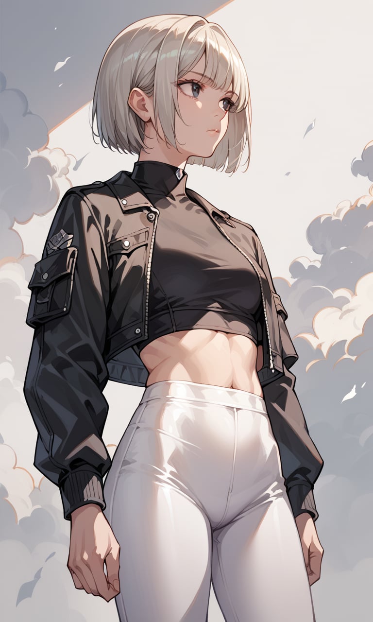 score_9, score_8_up, score_7_up, score_6_up, source_anime, detailed face and eyes, BREAK, 1girl,solo,leggings,cropped top,jacket,platinum blonde,bob cut,cowboy shot,black eyes,looking away, hands