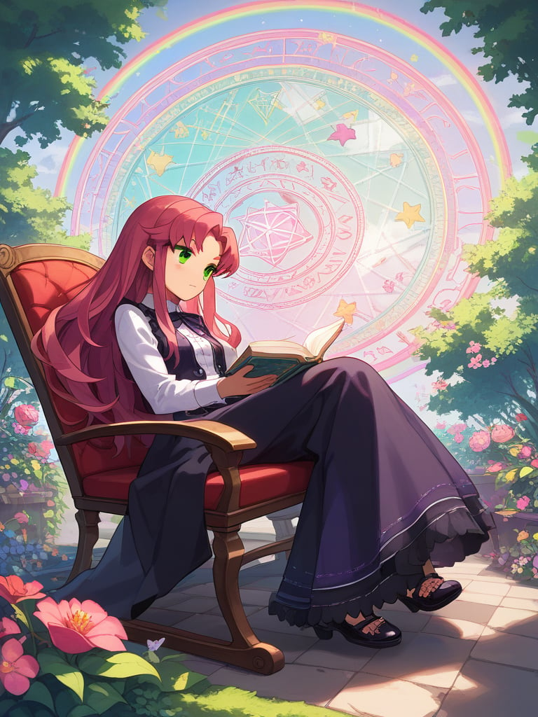 score_9, score_8_up, score_8,Solo, 2.5d, highly detailed, intricate, beautiful aesthetic, anime artwork,vibrant, extreme contrast, raytracing, dark colors, edgy, gothic,magic circle, magic array,starfire, teantitans, reddish pink hair, long hair, purple long dress with golden details, rocking chair, reading a book, flower garden, falling flowers,expressive, 