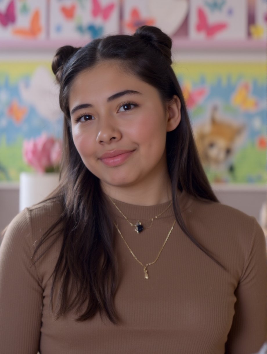 The image is a high-resolution photograph of a young woman with mouth closed. She has long, dark brown hair that is styled in two loose buns on top of her head. Her skin is a light to medium tan, and she has a youthful, slightly round face with full lips and large, dark eyes. She is wearing a simple, long-sleeved, light brown top made of a soft, ribbed fabric.The background is a vibrant, colorful blur, featuring a mix of pastel and bright hues, including shades of pink, blue, and yellow. The background appears to be a wall adorned with various shapes and patterns, possibly butterflies or abstract designs, adding a whimsical and playful touch to the image.The lighting is soft and even, casting gentle shadows that enhance the natural texture of her hair and the fabric of her top. The overall mood of the photograph is warm and cheerful, capturing a moment of relaxed contentment. The young woman appears to be in a setting that is likely indoors, possibly a living room or a studio, given the soft, diffuse lighting and the presence of colorful decor in the background.,Xochitl Gomez,<lora:Xochitl_Gomez:1>