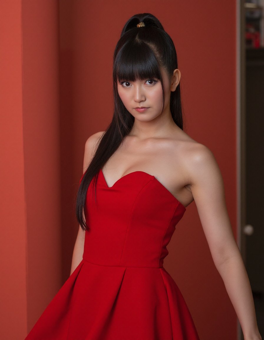 photo of woman, sumetalflux, red dress, <lora:sumetalflux-000010:1>