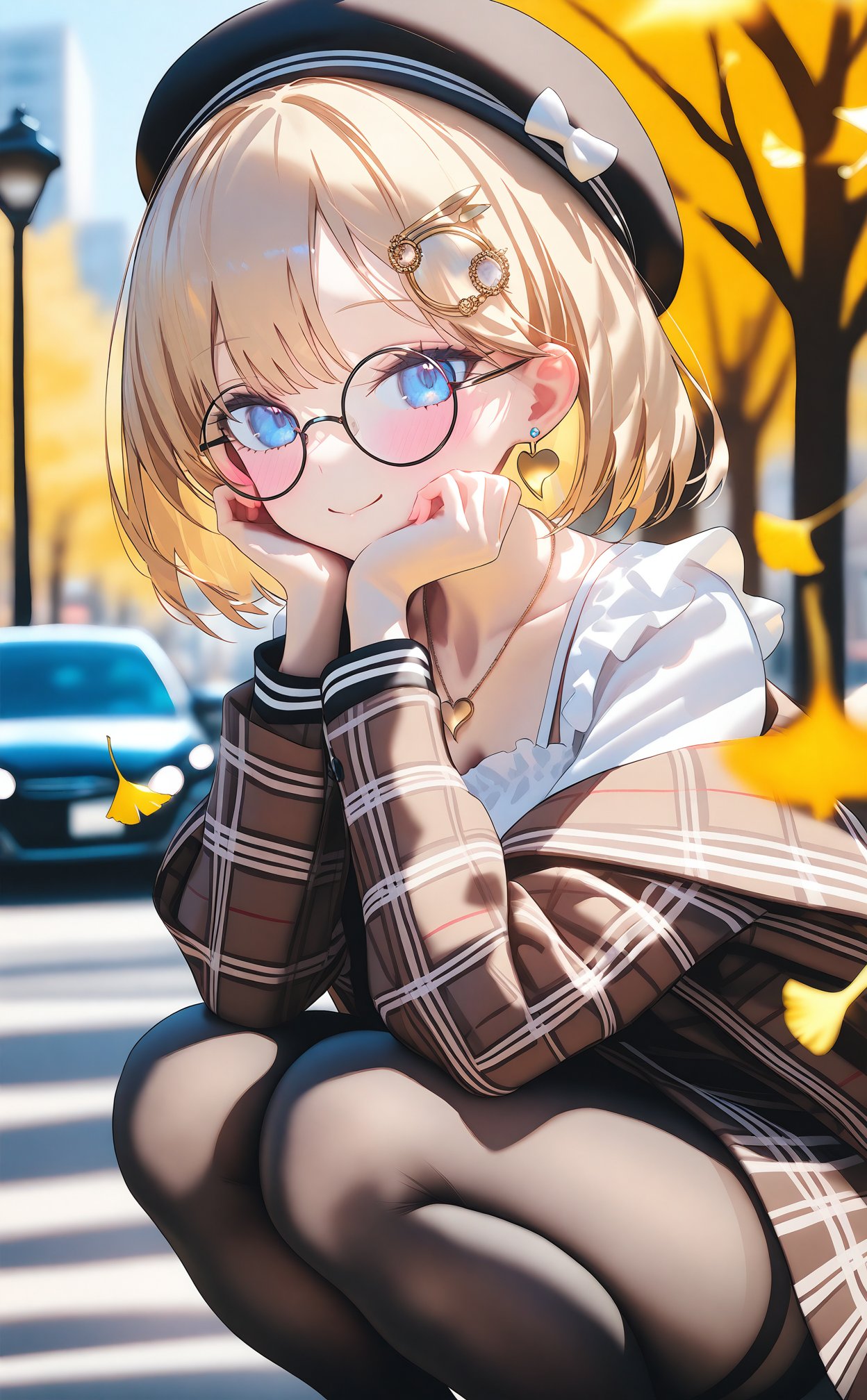 masterpiece,best quality,high quality,(colorful),blonde hair,pantyhose,jewelry,blue eyes,virtual youtuber,lamppost,necklace,heart,hat,smile,outdoors,looking at viewer,glasses,round eyewear,hair ornament,watson amelia,1girl,squatting,motor vehicle,earrings,beret,black headwear,solo focus,car,heart necklace,short hair,official alternate hairstyle,heart earrings,jacket,day,bob cut,closed mouth,off shoulder,frills,black pantyhose,plaid jacket,ginkgo leaf,brown jacket,building,autumn leaves,shirt,long sleeves,white shirt,plaid,tree,hands on own face,open clothes,collarbone,hands on own cheeks,blush,frilled shirt,autumn,feet out of frame,blurry background,street,head rest,solo,official alternate costume,