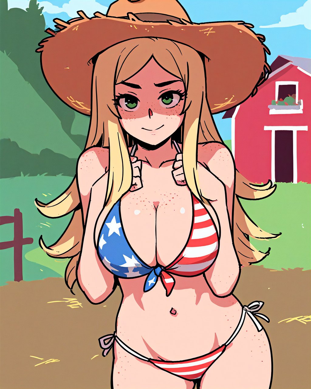 score_9,score_8_up,score_7_up, 1girl, bikini, body freckles, american flag bikini, cleavage, freckles, large breasts, looking at viewer, pale blonde hair, solo, cropped legs, cowboy hat, straw hat, stable, barn <lora:PonPonPony:1>