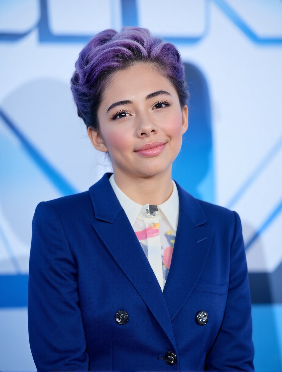 This is a high-resolution photograph of a young woman with a pale skin tone and short with closed mouth, dyed hair in a vibrant mix of purple and blue hues. Her hair is slicked back, exposing her face, which is adorned with striking makeup. The makeup features abstract, colorful patches in shades of yellow, pink, and blue, creating a whimsical and artistic appearance. The makeup extends from her forehead down to her jawline, blending seamlessly with her skin.She is wearing a classic deep blue suit, tailored to create a sharp, polished look. The jacket's clean lines are complemented by a crisp white shirt, adding a touch of freshness. The background features a soft gradient of blue and white, perfectly highlighting her makeup and hair color, creating a harmonious visual effect.The photograph is well-lit. The overall style of the image is artistic and avant-garde, emphasizing the interplay between the woman's natural features and the bold, abstract makeup. The photograph captures a blend of modern fashion and artistic expression, with a focus on creativity and individuality.,Xochitl Gomez,<lora:Xochitl_Gomez:1>