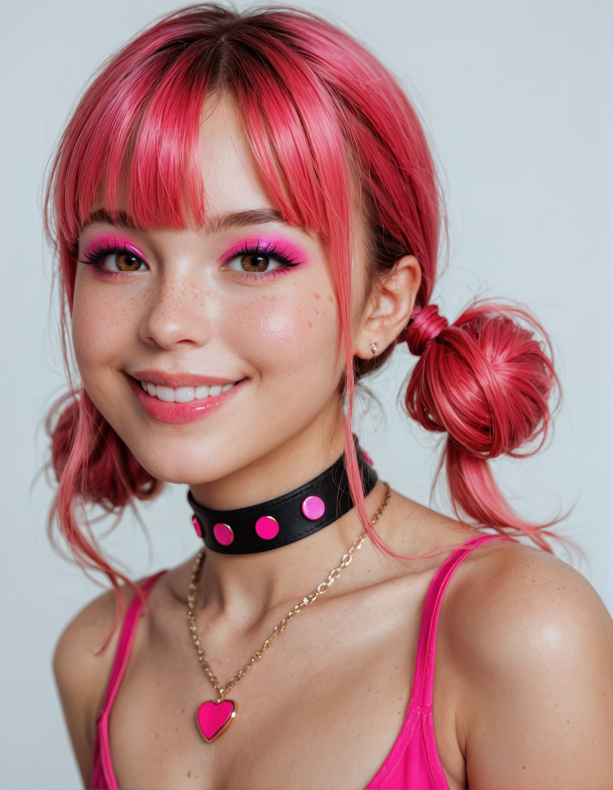 score_9, score_8_up, score_7_up, (realistic:1.4), 1girl, pink hair, necklace, (bangs:1.1), side view, (detailed face and eyes:1.2), white background, perfect cute face, turning to look at viewer, vibrant colours, cocky smile, choker, (freckles:0.6), eyeshadow, pigtail buns, round face