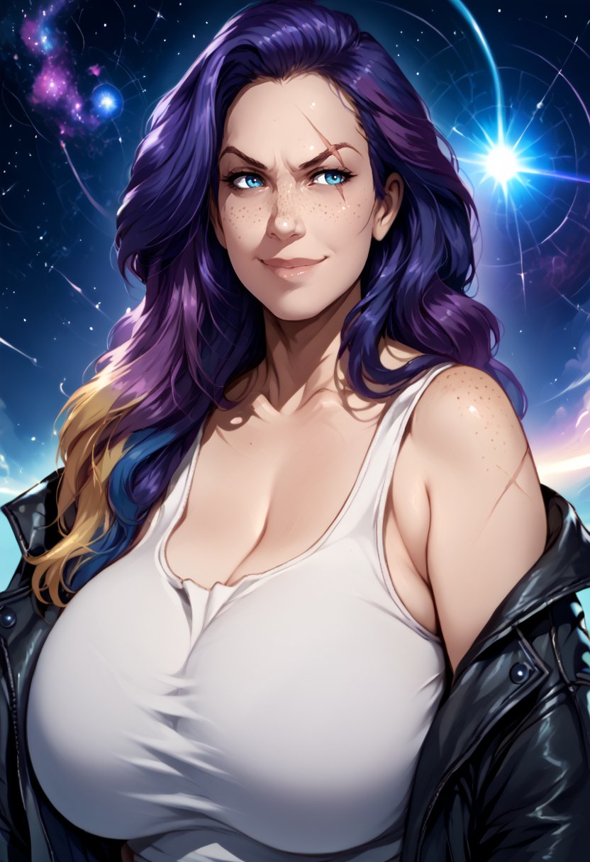 score_9, score_8_up, score_7_up, score_6_up,solo, space, nebula, cosmos, explosive energy, sci-fi, science fiction, tank top, 1girl, scar, leather jacket, <lora:PulenKompot-DianaS-PonyXL:1> diana, 1girl, long hair, two_tone_hair, dark blue hair, purple hair, gradient hair, blue eyes, freckles, smirk, huge breast, off shoulder <lora:PulenKompot-Tsukasawa_Takamatsu-PonyXL:1> tsuka