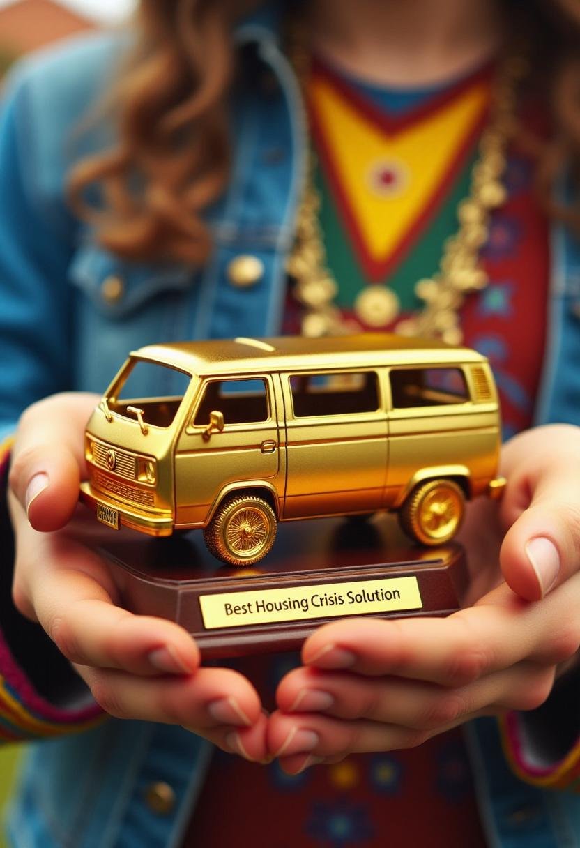 Photograph featuring a stylized,  golden miniature van trophy held in the palm of a hippie's hands. The van,  rendered in...
