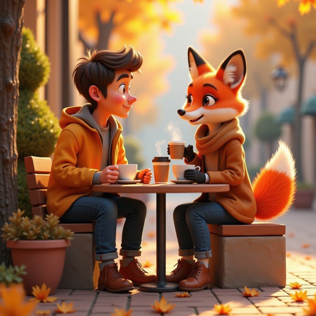 A male human and a fox-woman sitting down to drink coffee outside, they are wearing fall clothes