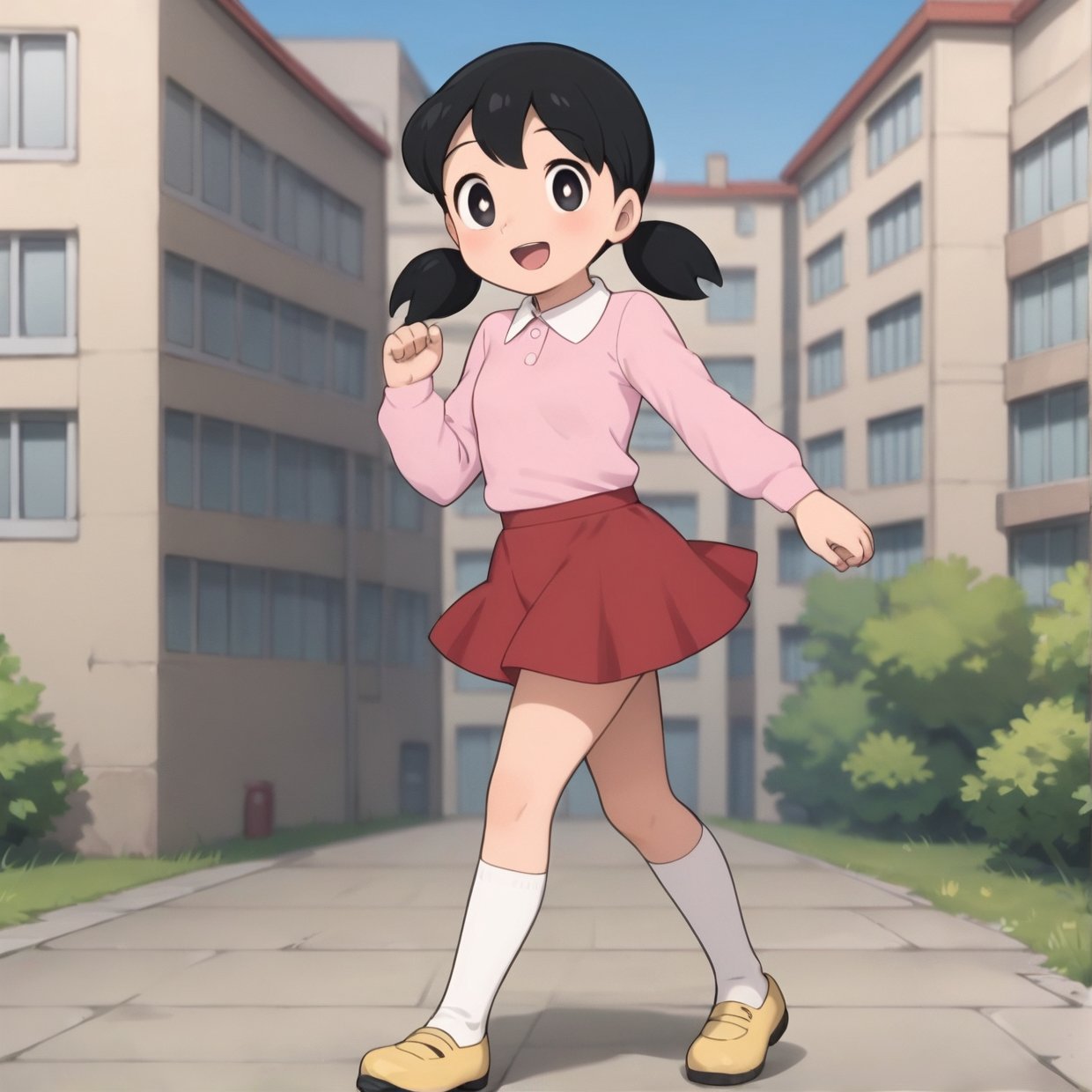 score_9, score_8_up, score_7_up, score_6_up, score_5_up, score_4_up, source_anime,minamoto shizuka,1girl, solo, skirt, outdoors, black hair, socks, white socks, twintails, red skirt, shoes, smile, shirt, open mouth, black eyes, pink shirt, looking at viewer, short twintails, kneehighs, collared shirt, long sleeves, :d, day, bright pupils, white pupils, house, low twintails, short hair, running, yellow footwear, blush, masterpiece, perfect face, best quality, beautiful eyes, shiny eyes, anime coloring, anime screencap, absurdres, outdoors, town, <lora:minamoto shizuka auti 930:0.8>