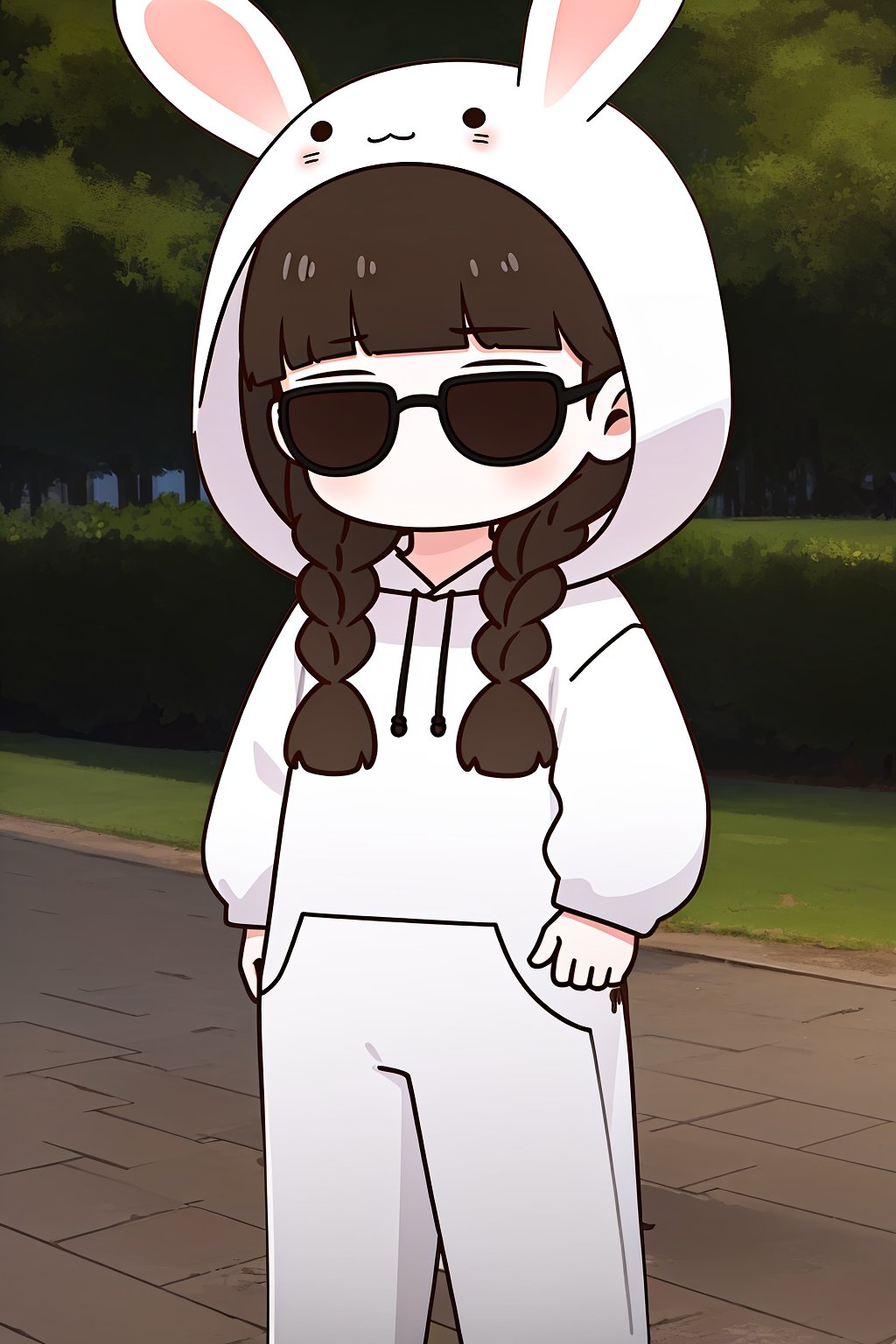 (best quality,masterpiece:1.2),ultra detailed,8k,extremely detailed,delicate pattern,looking at viewer,outdoors,<lora:C_QV_rabbit_girl_OCT_:0.7>,child,sunglasses,1girl,solo,Q,Q ver,braid,brown hair,twin braids,rabbit ears,bangs,blunt bangs,long hair,twintails,brown eyes,blush,rabbit hood,hood up,hood,long sleeves,white rabbit costume,standing,