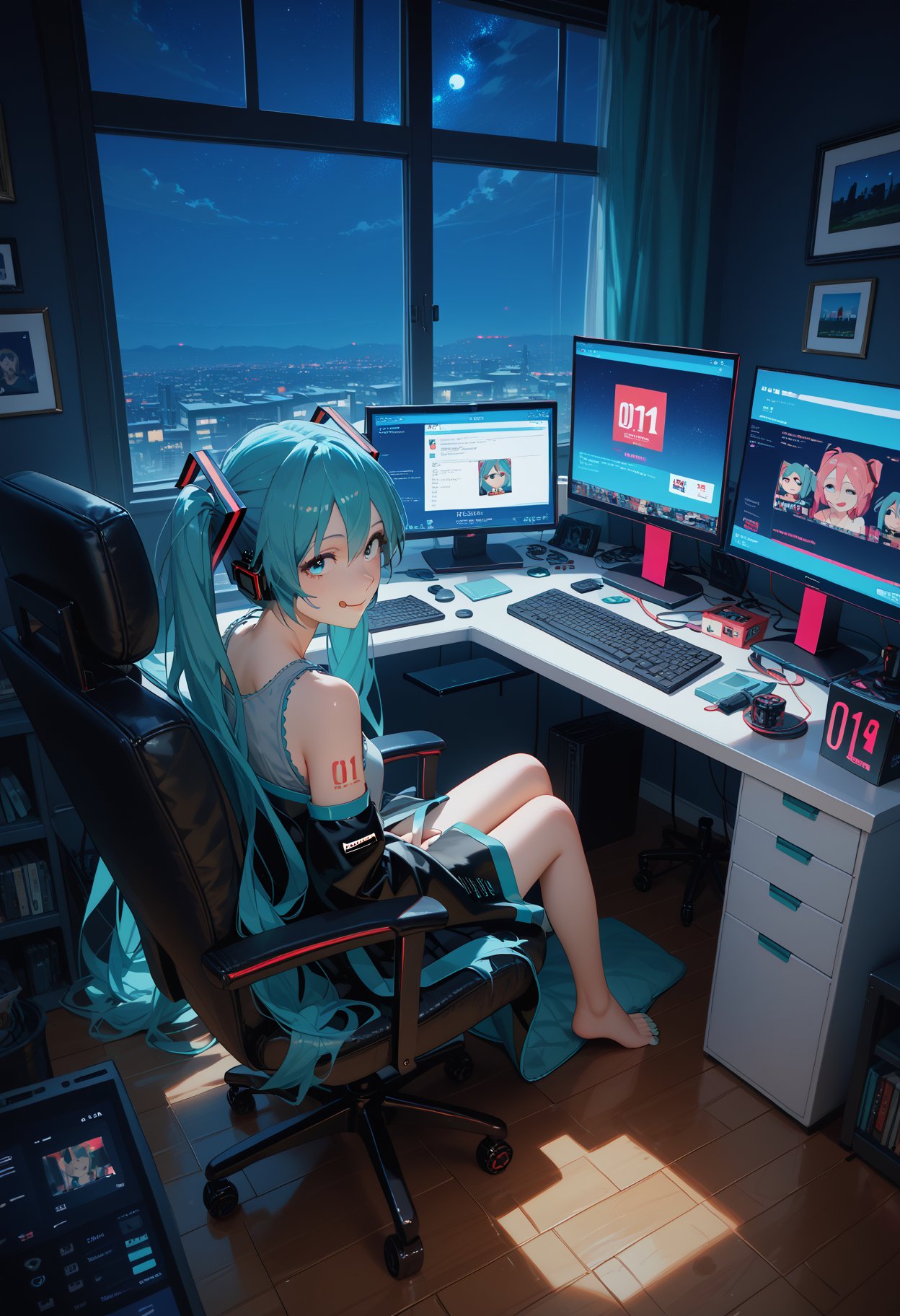 score_9,score_8_up,score_7_up,masterpiece,best quality,8k,hatsune miku,licking lips,sitting_on_chair,monitor_room,from_above,window,night_sky,