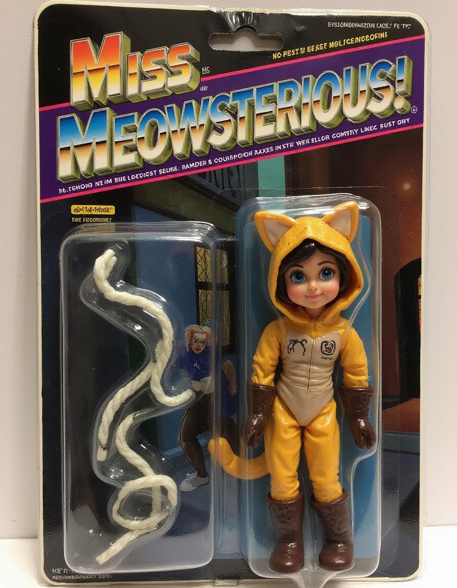 "Miss Meowsterious"A heroine in a poorly stitched cat costume, complete with a tail that’s falling off and whiskers drawn on with a marker. She tries to look sneaky but mostly just looks confused. Packaged in clear plastic, with the ral-afpacking logo on the top-right, Miss Meowsterious has a puzzled expression. The background features a dark alley where she’s failing miserably at being stealthy, tangled in her own tail.<lora:ral-afpacking-flux:0.95>