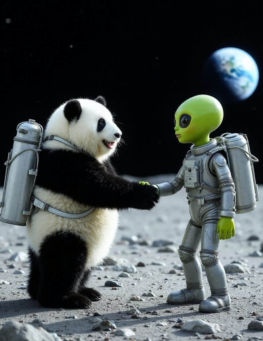 The image is a high-resolution photograph of a teen panda named Huahua, depicted standing on the surface of the moon. Huahua has her distinctive black and white fur, and she is dressed in a sleek, futuristic space suit complete with a helmet and oxygen tank. The suit is detailed with patches and tubing, creating a realistic astronaut look.Huahua's round, chubby body is covered in thick, soft fur, with black patches around her ears, eyes, and legs. Her expression is one of awe and excitement, with her eyes wide and a big smile on her face as she reaches out to shake hands with an alien. The alien has a humanoid shape, with green skin, large eyes, and a friendly demeanor. The handshake is a symbol of intergalactic friendship and cooperation.The background features the barren, rocky surface of the moon with the Earth visible in the distance, casting a beautiful blue and white glow. The sky is pitch black, filled with stars and the vastness of space. The lighting is stark and bright, highlighting the details of Huahua’s space suit and the alien's features.The overall composition of the image focuses on Huahua, making her the primary subject and capturing the unique and whimsical nature of a panda in space, blending her cute appearance with the extraordinary setting of the lunar surface and the fascinating encounter with an extraterrestrial being.,huahua, <lora:huahua_panda_Flux_V1-000002:1>