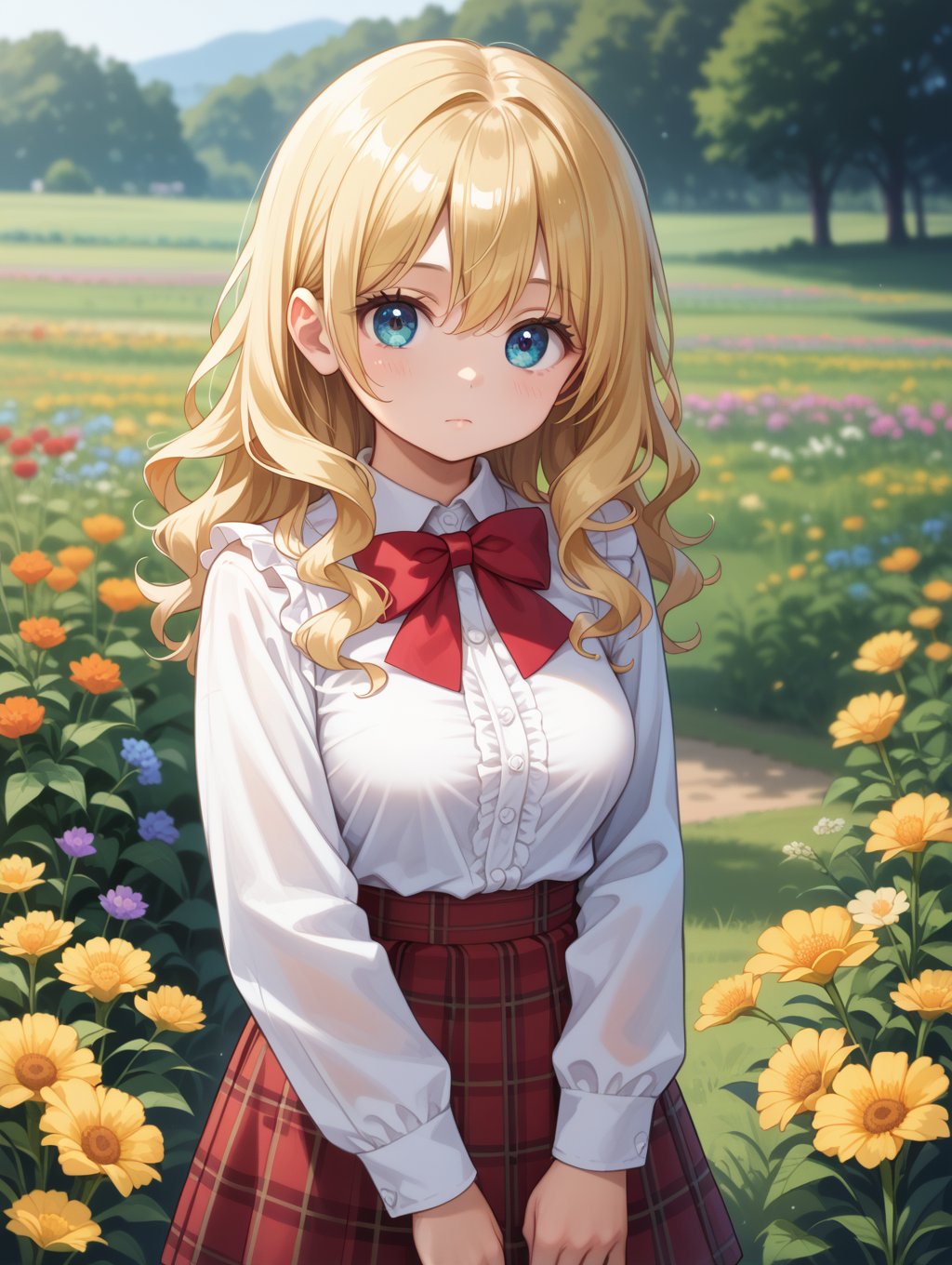 score_9, score_8_up, score_7_up,masterpiece, best quality,1girl, solo, a cute girl, cute round face, jirai kei,plaid skirt, shirt, long sleeves, bow, red skirt, white shoulder frilly shirt, outdoors, red bow, expressionless, closed mouth, standing, cowboy shot, looking at viewer, slender, kawaii, perfect symmetrical face, ultra cute girl, ultra cute face, ultra detailed eyes, ultra detailed hair, ultra cute, ultra beautiful, photoreal detailed background, photo realictic background, Peaceful countryside chapel surrounded by fields of wildflowers, depth of field, ultra detailed background, large breasts, (blonde hair:1.2), medium wavy hair, hair between eyes