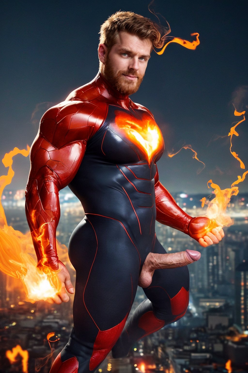 realistic, highly detailed, intricate details, detailed background, depth of field, an irish man, red hair, beard, wearing (futuristic glowing superhero bodysuit:1.2), beautiful amber eyes, ((swirling flames)), steaming body, dynamic angle, dynamic pose, smirk, angry, (from side:0.8), ((flying, levitating)), night city skyline background, (large pectorals:1.4), (puffy nipples:1.4), muscular, (large penis:1.2), male pubic hair, testicles, action shot, dynamic movement, motion blur