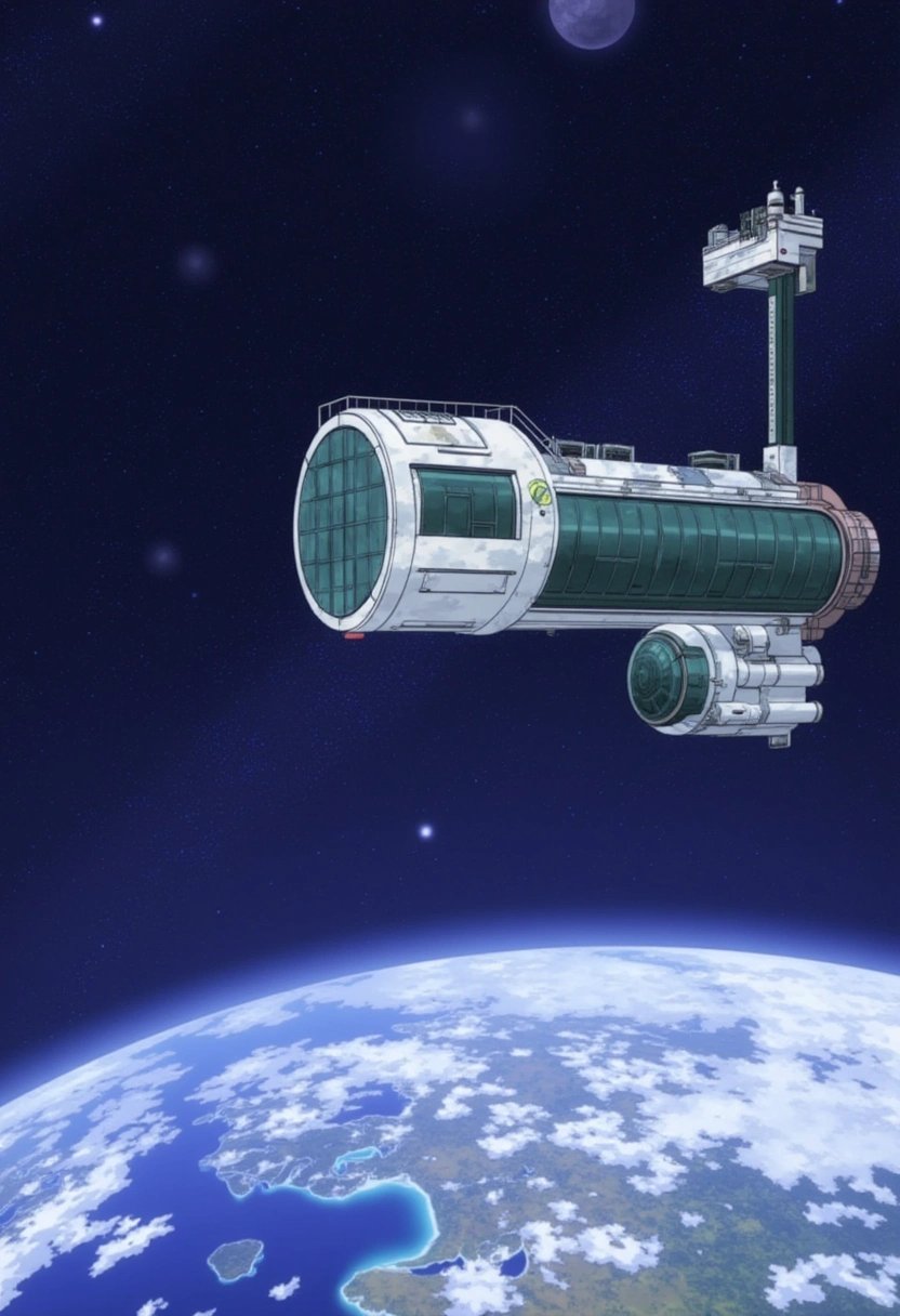 A futuristic space station orbiting a distant planet, with large observation windows overlooking the stars and the planetâs surface below. The space station is sleek, with advanced technology and a clean, metallic aesthetic. boku_no_hero_academia_style