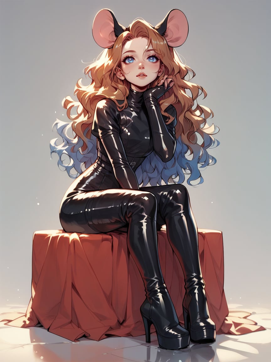 score_9, score_8_up, score_7_up, score_6_up, score_5_up,  <lora:NfXLP:1> nf, 1girl, blue eyes, long hair, latex, mouse ears, sitting, high heel boots, wavy hair