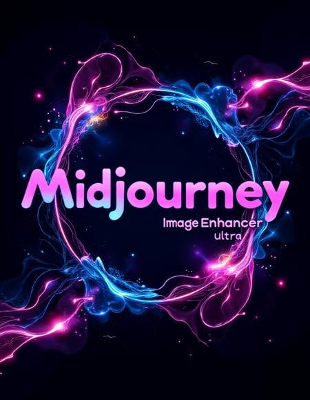 Text letters and words that says "Midjourney image enhancer ultra" in bold futuristic font at the center, surrounded by vibrant digital shapes and waves of color. A dynamic symmetrical composition highlighting the text with radiant neon lighting effects, sleek digital illustration capturing an energetic and modern ambiance