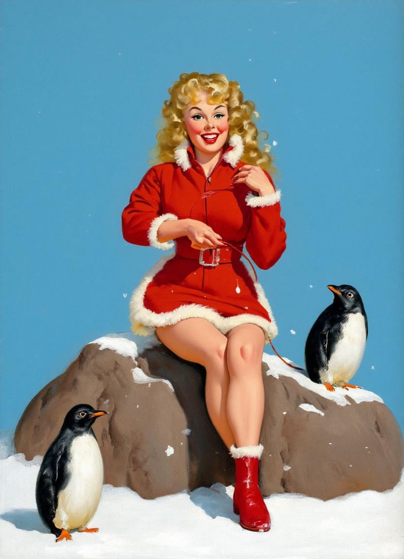 A high-resolution pin-up illustration by Gil Elvgren. The central figure is a blonde woman with curly,  voluminous hair,...