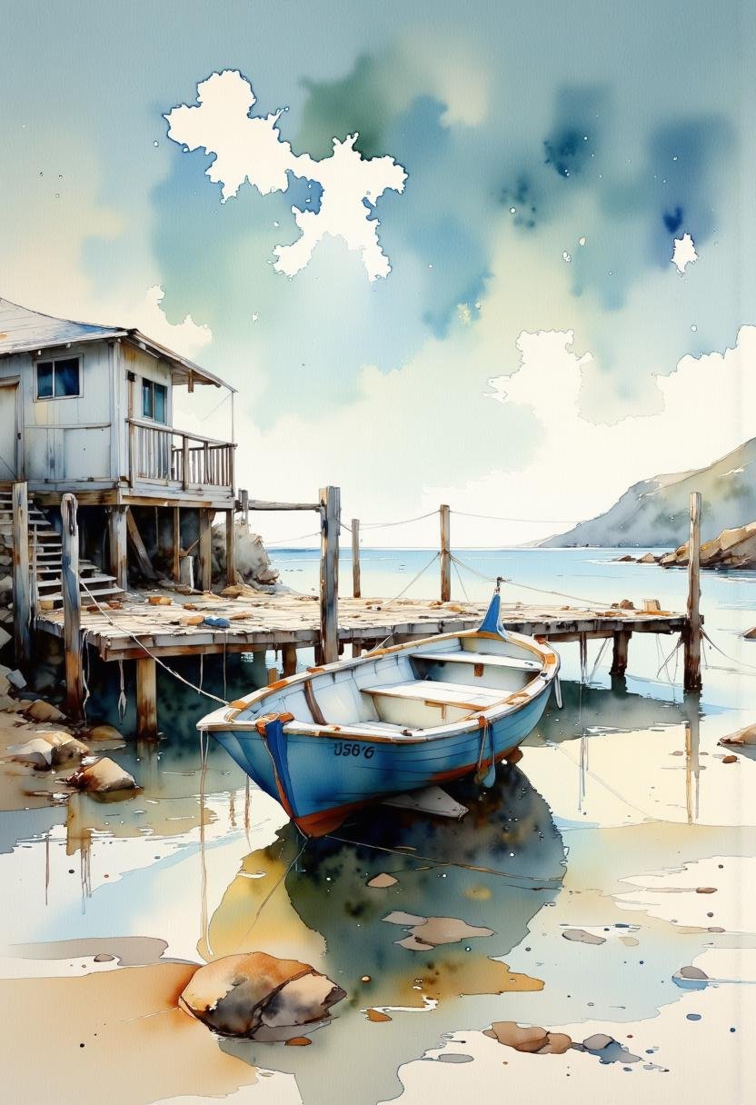 A watercolor painting of a small boat on a beach. The boat is blue and white in color and is anchored at a wooden pier. Th...