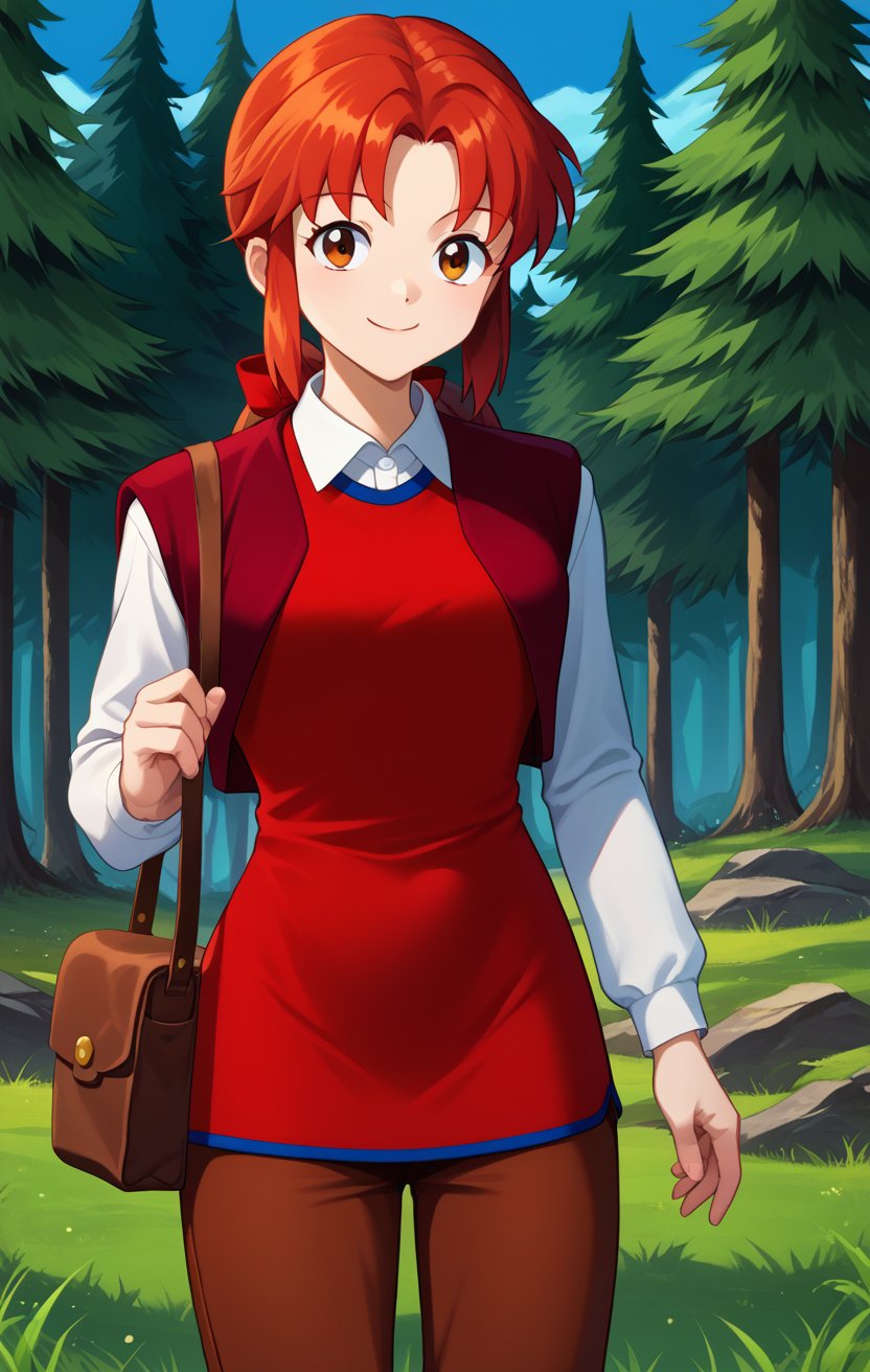 score_9, score_8_up, score_7_up, BREAK source_anime, absurdres, cowboy shot, forest, grass, tree, blue sky, 1girl, solo, MRHolly, smile, closed mouth, sidelocks, ponytail, red hair bow, red dress, long white sleeves, white collar, BREAK brown capri pants, Brown sweater vest, shoulder bag, <lora:MRHolly_SDXL-000005:1.0>